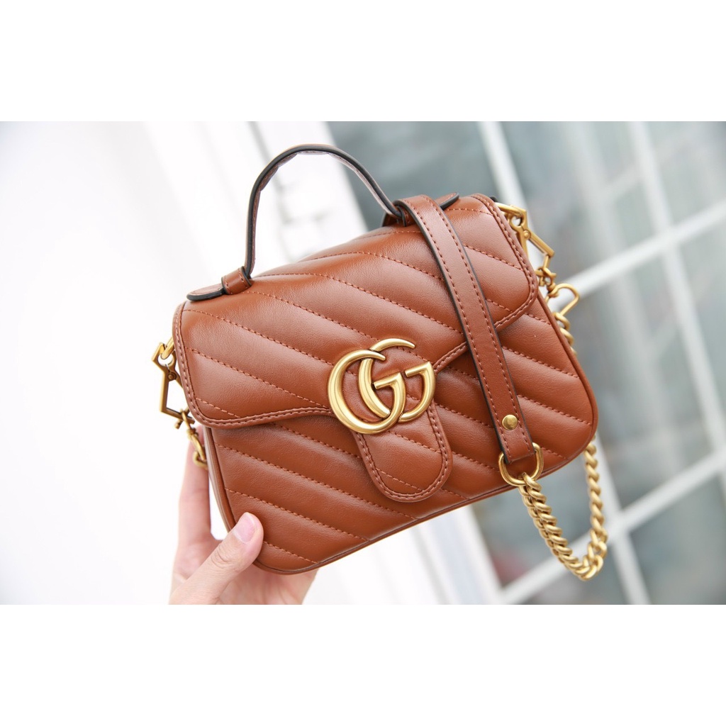 Túi Gucci Marmont top handle brown - Size 21cm - Chất da bò - Kèm quai đeo - Lót da lộn kèm code - Fullbox 2 lớp
