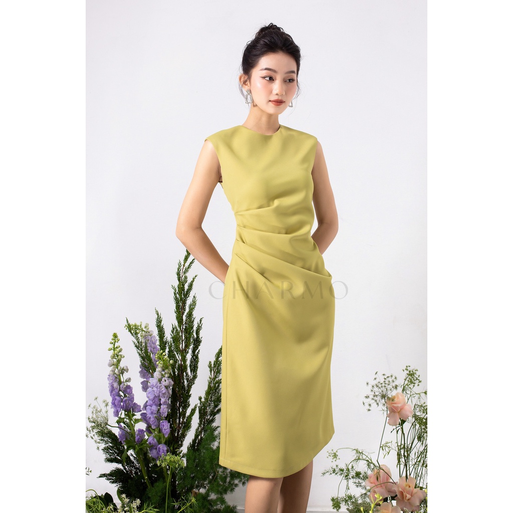 Đầm thiết kế CHARMO cổ tròn không tay nhún eo form chữ A Pleated Sleeveless Dress