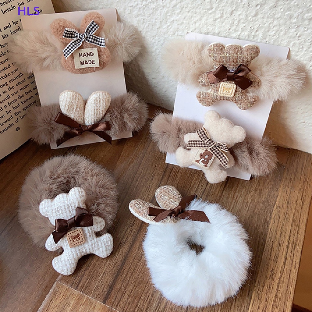 Dây Buộc Tóc Cao Su Đính Lông Trắng Hình Tai Thỏ Và Gấu Đáng Yêu Thời Trang Cho Nữ