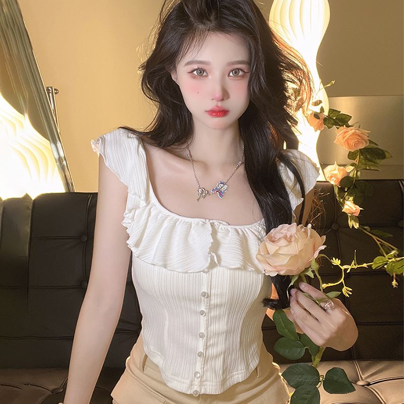 Áo Sơ Mi Ngắn Cổ Vuông Viền Bèo Nhún Ngọt Ngào Thời Trang Mùa Hè Cho Nữ