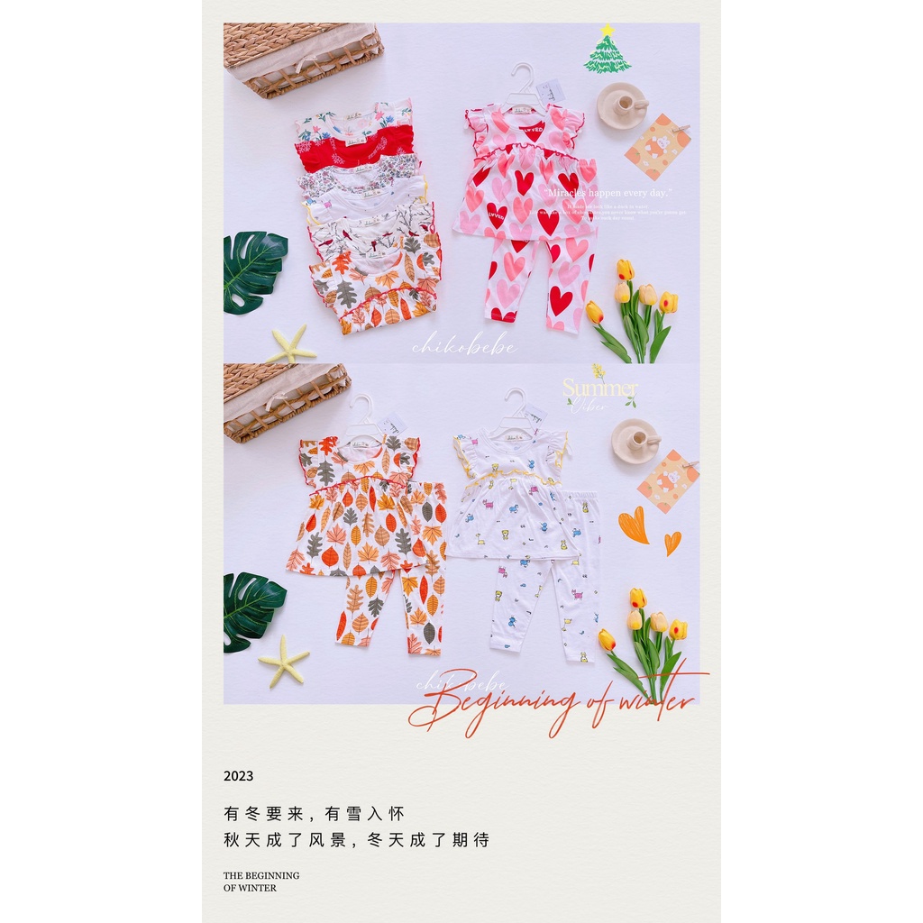Set bộ thun dài babydoll viền ngực hãng Chikobebe họa tiết siêu cute cho bé gái bảng 1