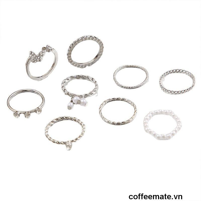【coffeemate】⚡ Set 9 nhẫn bạc ngọc trai pha lê thanh lịch Bộ nhẫn mỏng rỗng cho nữ phụ kiện trang sức