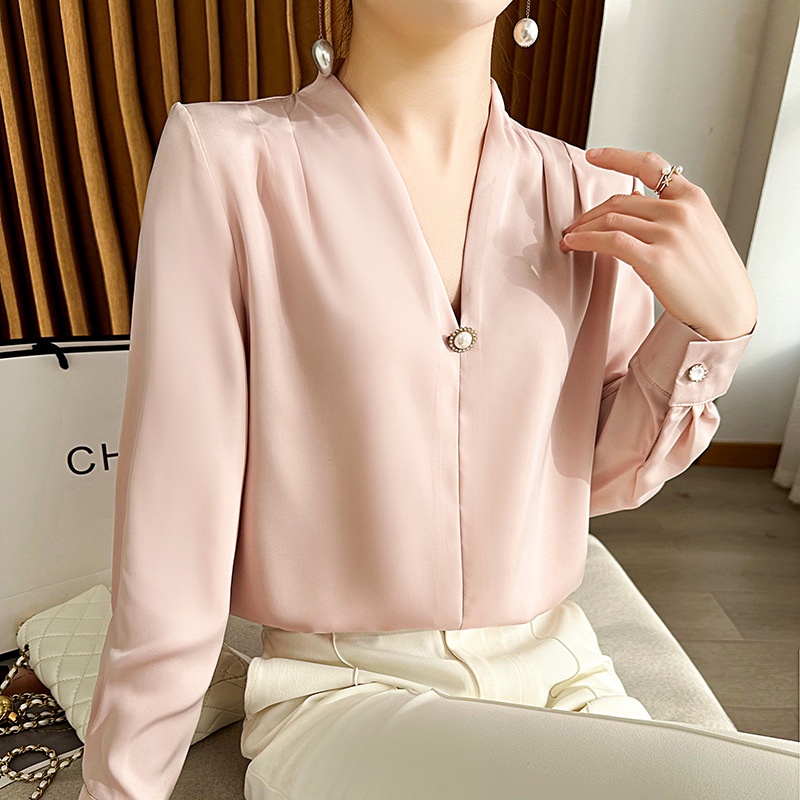 Áo Sơ Mi Lụa Satin Tay Dài Đính Ngọc Trai Cổ Chữ V Thanh Lịch Dành Cho Nữ