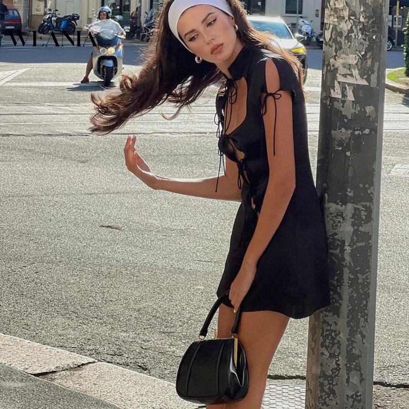 Đầm Ôm Dáng Cổ Đứng Phối Dây Thắt Gợi Cảm Cho Nữ