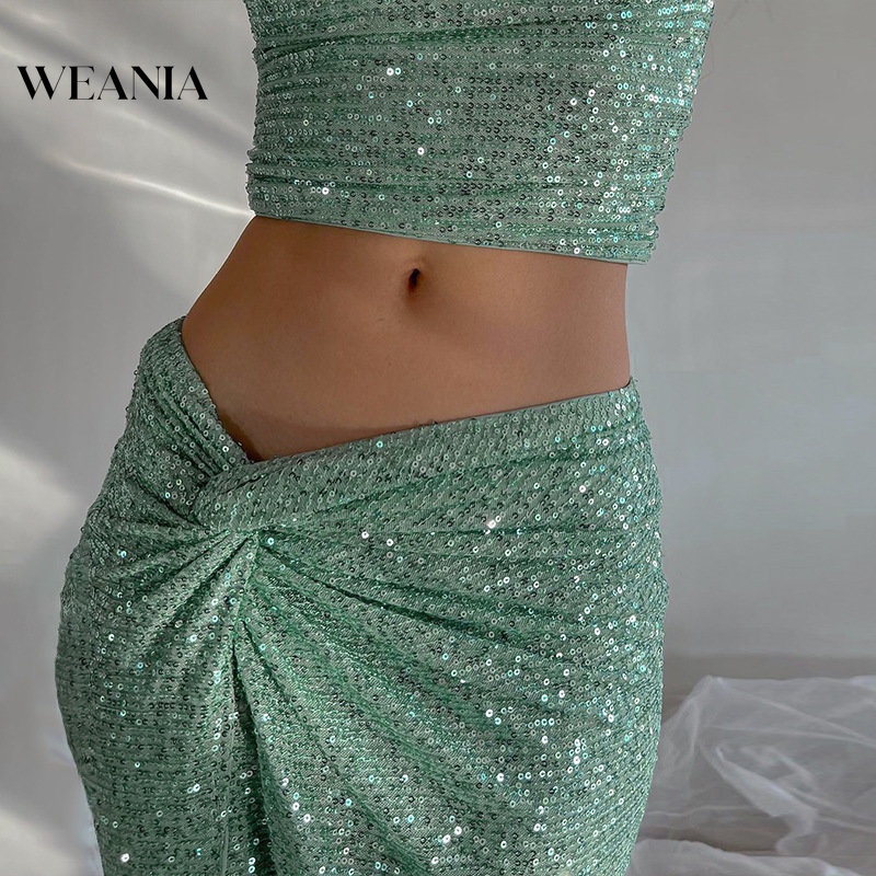 Weania Bộ Áo Croptop Hở Lưng Lấp Lánh + Chân Váy Dài Xẻ Tà Xếp Ly Gợi Cảm Cho Bữa Tiệc