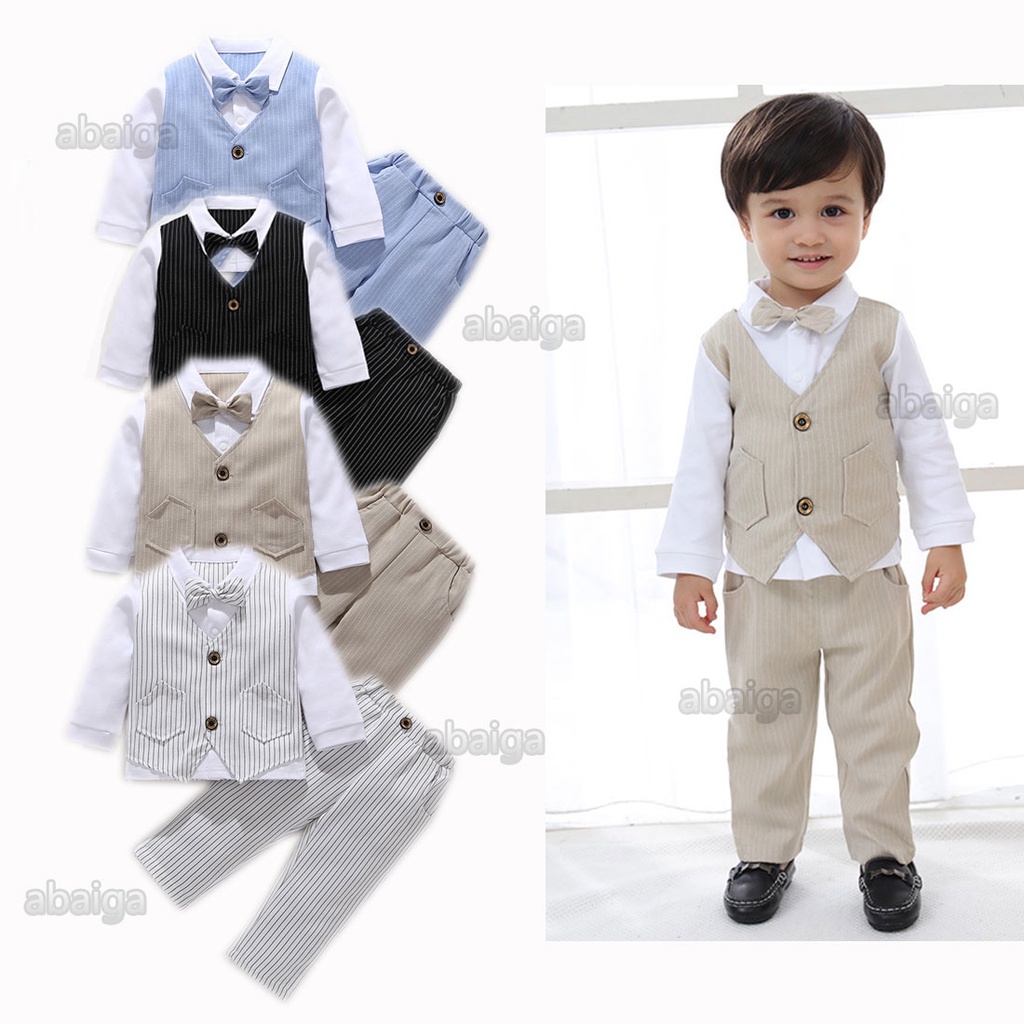 Bộ Áo Vest Giả Vest + Quần Dài Họa Tiết Kẻ Sọc Thời Trang Lịch Lãm Cho Bé Trai 1-5 Tuổi