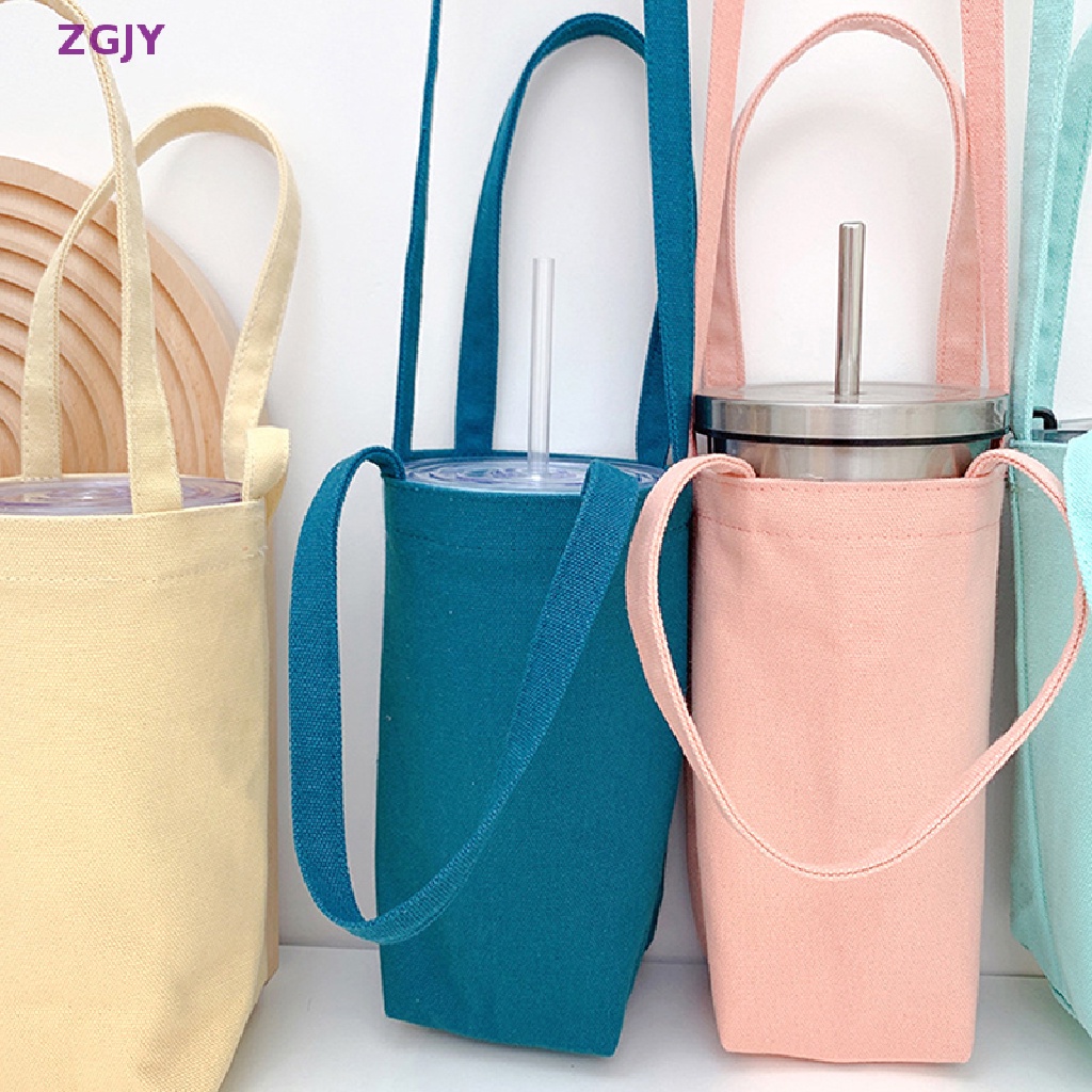 Túi Canvas Đựng Bình Nước Màu Trơn Dễ Thương Có Dây Đeo Mới