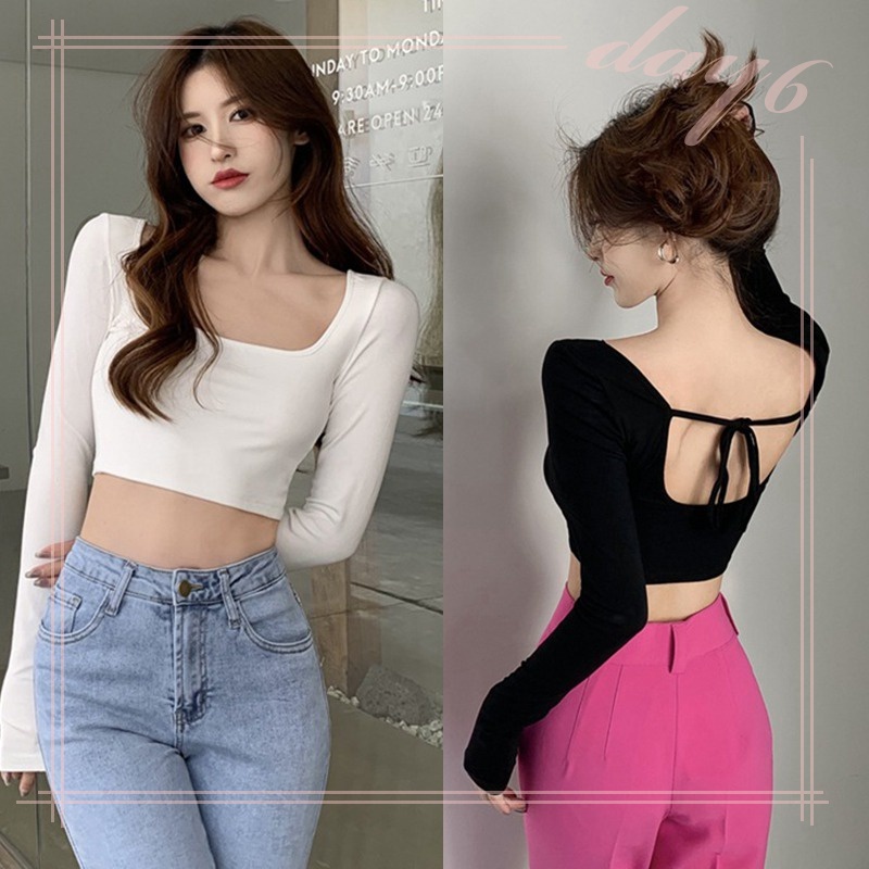 Áo Thun Nữ Dài Tay Cổ Vuông Hở Lưng Màu Sắc Thời Trang