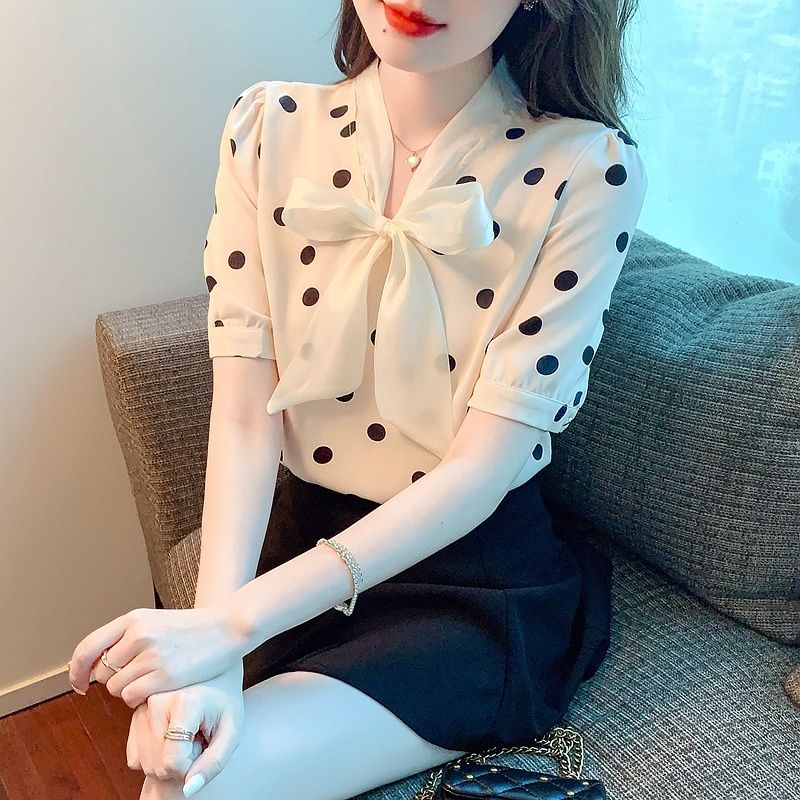 Áo Sơ Mi Chiffon Tay Ngắn Họa Tiết Chấm Bi Thời Trang Mùa Hè 2022 Dành Cho Nữ