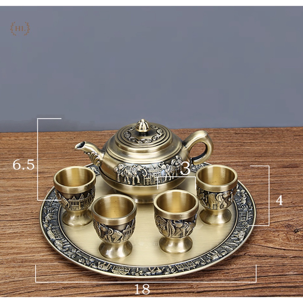 Bộ ấm trà đồng 6 ly | Bộ ấm trà ban thờ phật - thần tài thời thượng hoa lá hoa văn voi Thái giàu có đại cát , đồ gia dụn