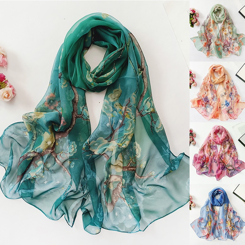 Khăn Choàng Cổ Chiffon Mỏng Thoáng Khí Chống Nắng 50 * 160cm In Họa Tiết Hoa Mận Thời Trang Mùa Hè Cho Nữ