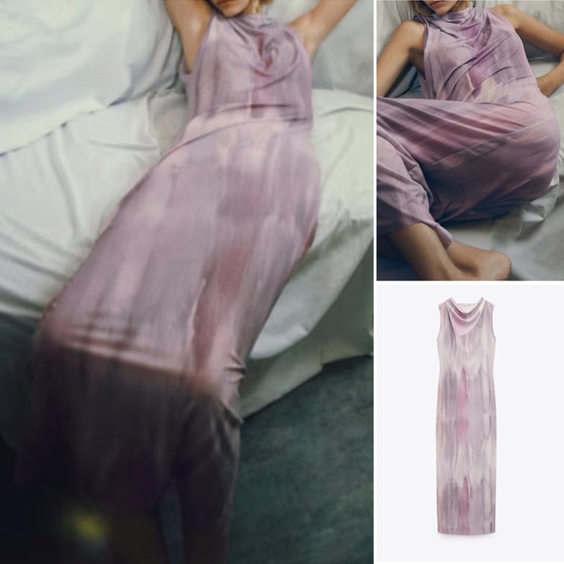 Zara 2023 mùa xuân phong cách mới phong cách âu mỹ in lụa lưới jumpsuit áo dài xếp ly không tay mỏng-vừa vặn trông mỏng hơn5644021