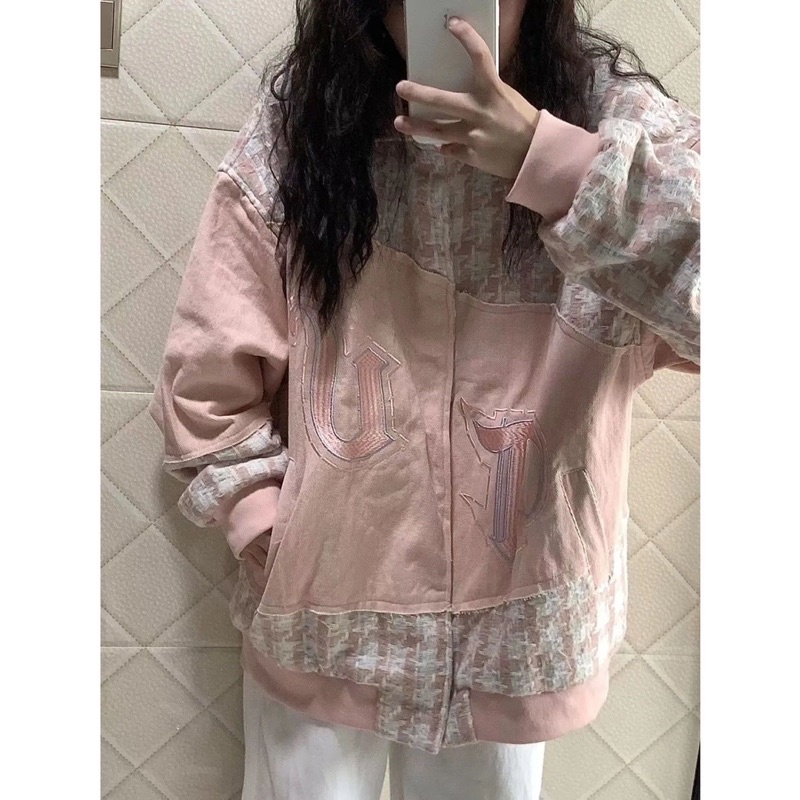 Áo khoác bóng chày jeans phối dệt kim new arrival 2023