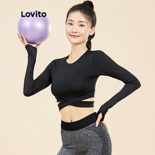 Áo croptop Lovito tay dài màu trơn ôm vừa vặn dùng cho tập thể dục yoga L15X173 (Màu đen)