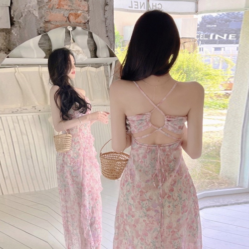 Váy hoa nhí hai dây xẻ tà phong cách Pháp V21H