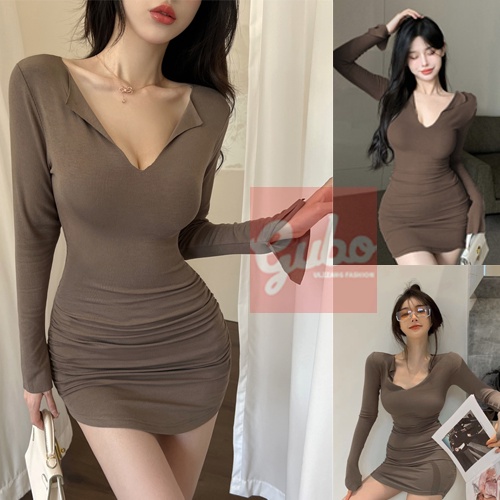 Đầm nữ nâu dáng dáng ôm cổ chữ V gợi cảm ulzzang GUBO7907