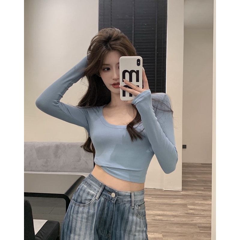 NUZIRO Áo Thun Lửng Tay Dài Cổ Chữ u Quyến Rũ Dành Cho Nữ