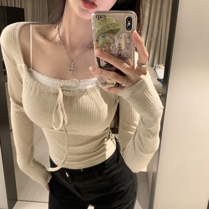 Áo Croptop Tay Dài Cổ Vuông Màu Sắc Ngọt Ngào Thời Trang Mùa Thu Quyến Rũ Cho Nữ