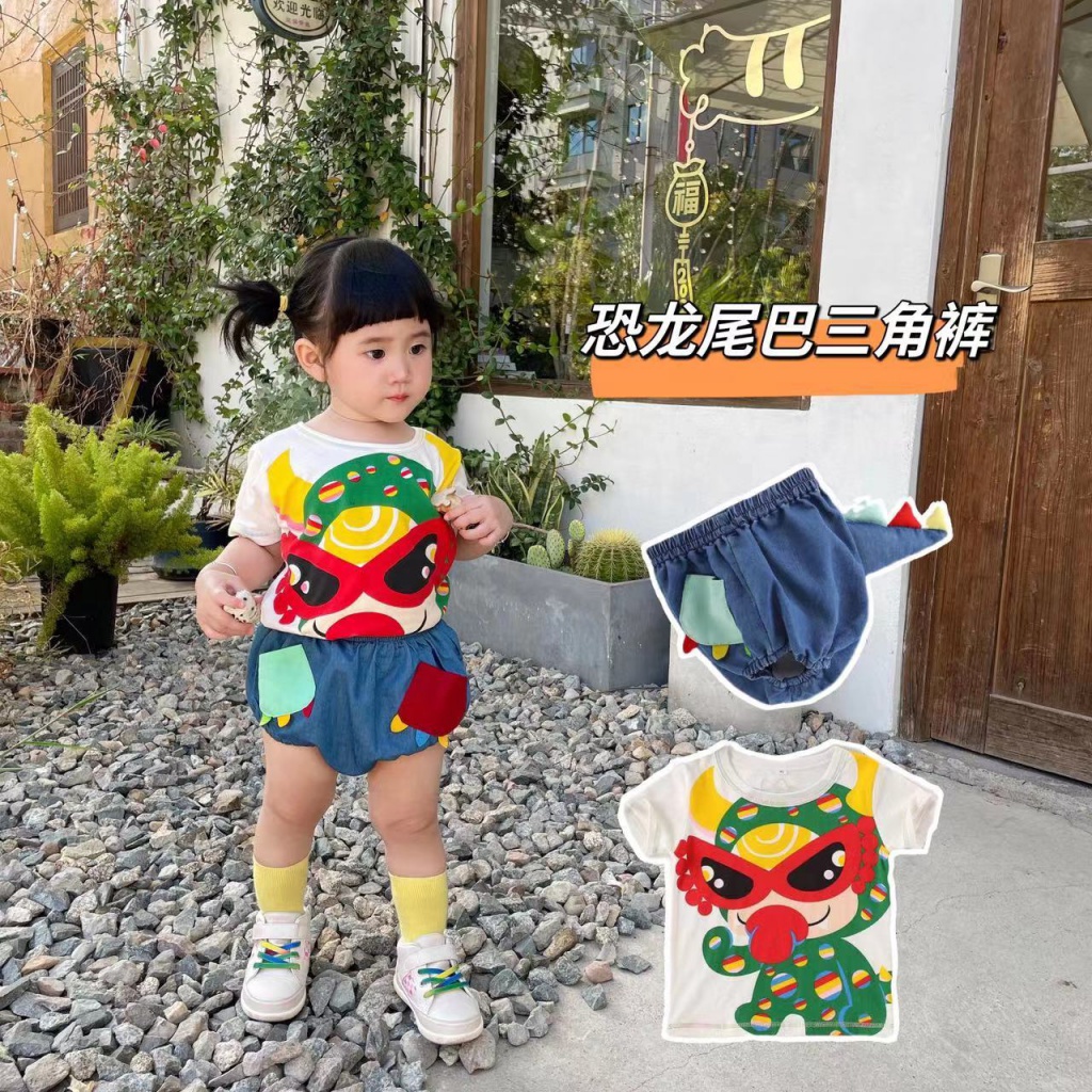 Bộ Áo Thun In Hoạt Hình Khủng Long + Quần Short Thời Trang Xuân Hè 2023 Dễ Thương Cho Bé Gái