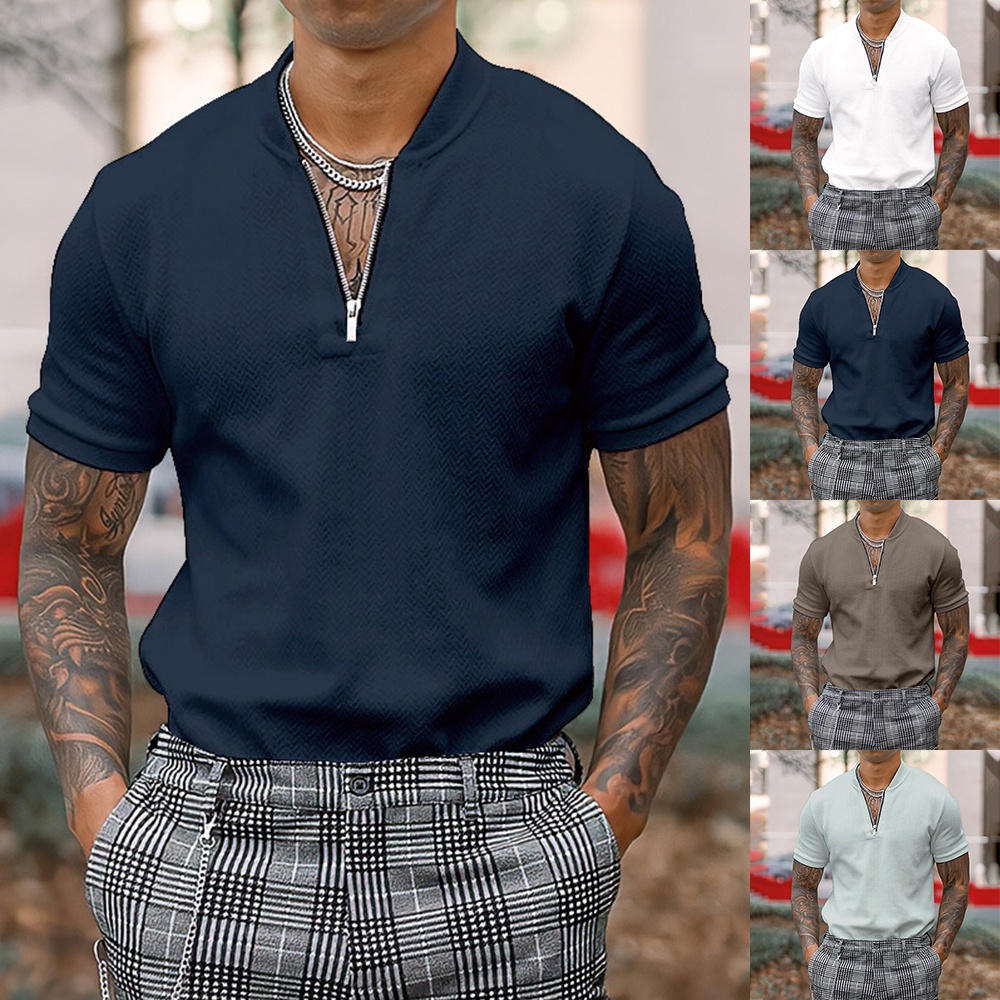 Male Adults Mens T-shirt Short Sleeve Solid Color Sport Tee Tops Zip Blouse