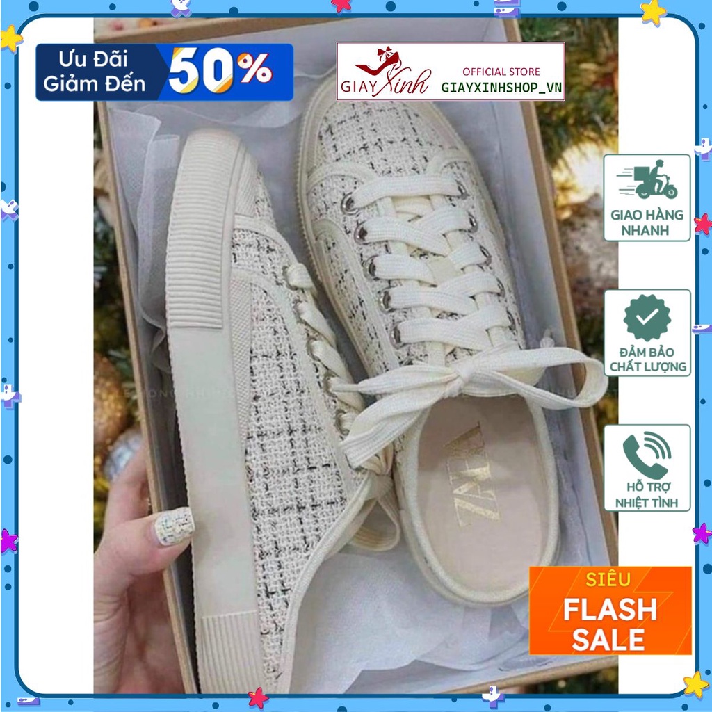 Giày sục kẻ hot hit, giày đạp gót ZARA Vải Dạ Kẻ hàng đẹp chất mềm siêu êm