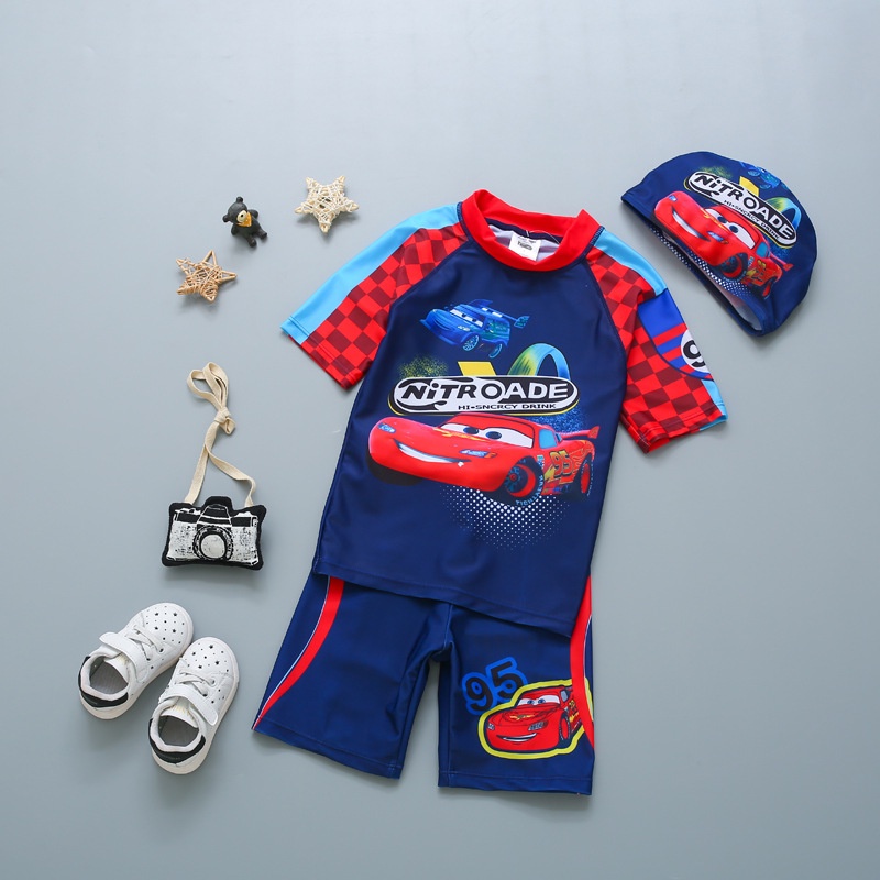 Bộ Đồ Bơi 3 Món Tay Ngắn In Hoạt Hình 95 MC Queen Kèm Nón Dành Cho Bé Trai