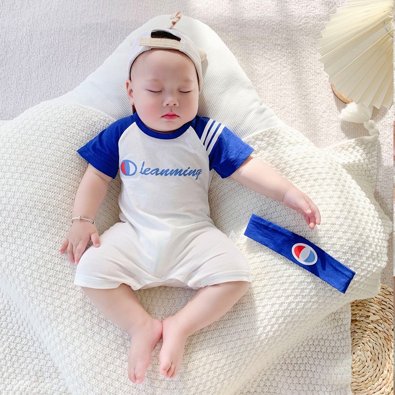 Áo Liền Quần Ngắn Tay + Băng Đô Thể Thao Mùa Hè Bằng Cotton Cho Bé 0-24 Tháng Tuổi Mới