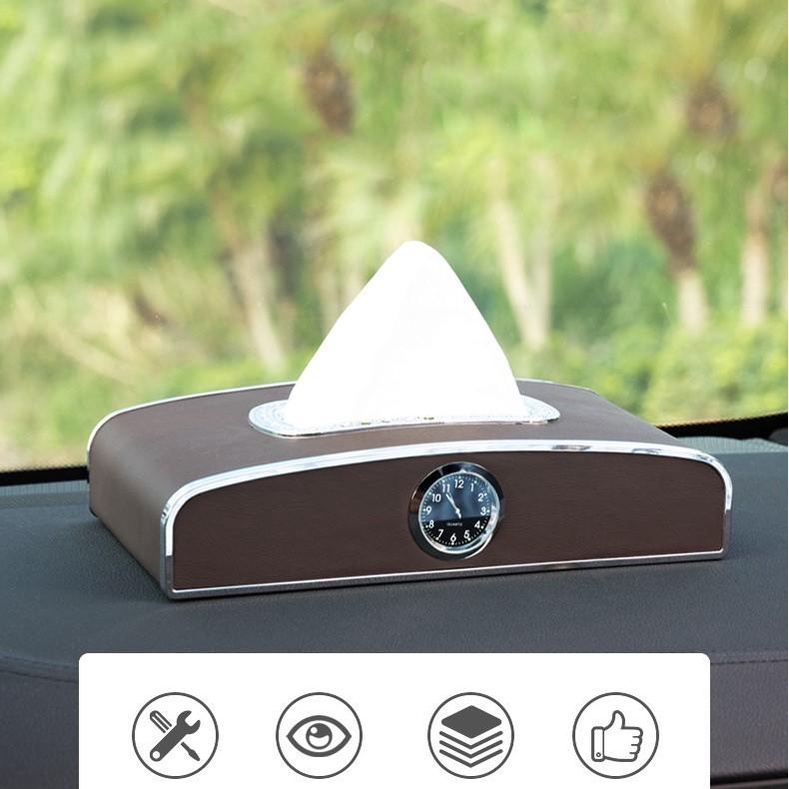 Hộp đựng giấy ăn bọc da cao cấp để tablo ô tô, 3 chức năng kèm đồng hồ và bảng số điện thoại.
