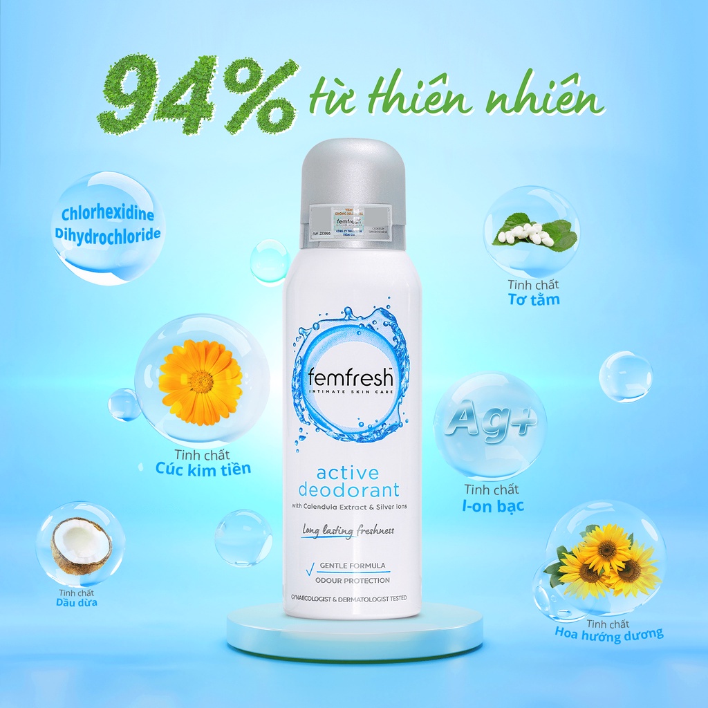 Xịt Thơm Mát Vùng Kín Cao Cấp Femfresh Active, Daily Deodorant Spray 125ml - Nhỏ Xinh Tiện Lợi - Nhập Khẩu UK