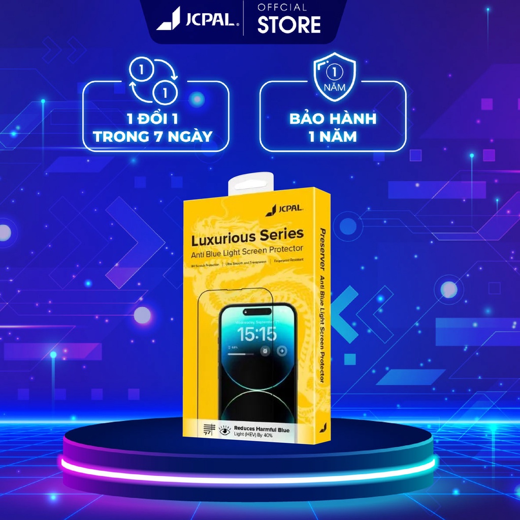 Kính cường lực JCPAL chống ánh sáng xanh iP 14| 14 Plus| 14 Pro| 14 Pro Max chính hãng, chống bám vân tay