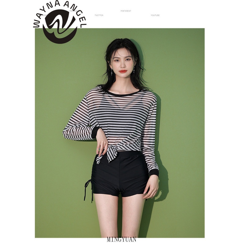 (wayna Angel) Bộ Đồ Bơi Ba Mảnh Áo Khoác Ngoài Tay Dài Chống Nắng Mỏng Kẻ Sọc Kèm Quần Đùi Đi Bơi Kín Đáo Nóng Bỏng Mùa Xuân Cho Nữ