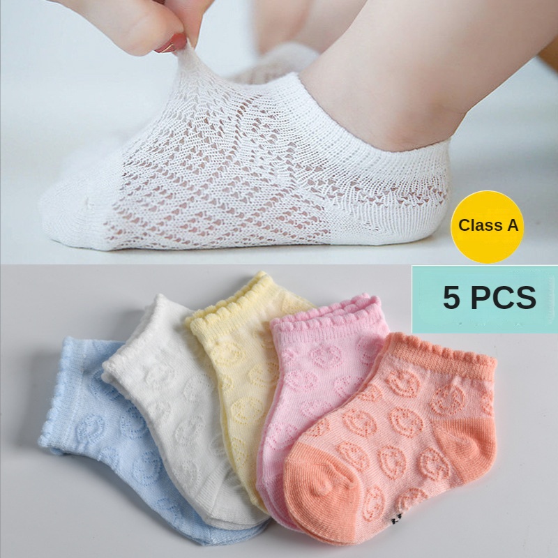 Set 5 Đôi Tất Lưới Mỏng Thoáng Khí In Họa Tiết Mặt Cười Dễ Thương Thời Trang Mùa Hè Cho Bé Sơ Sinh Từ 0-3 Tuổi