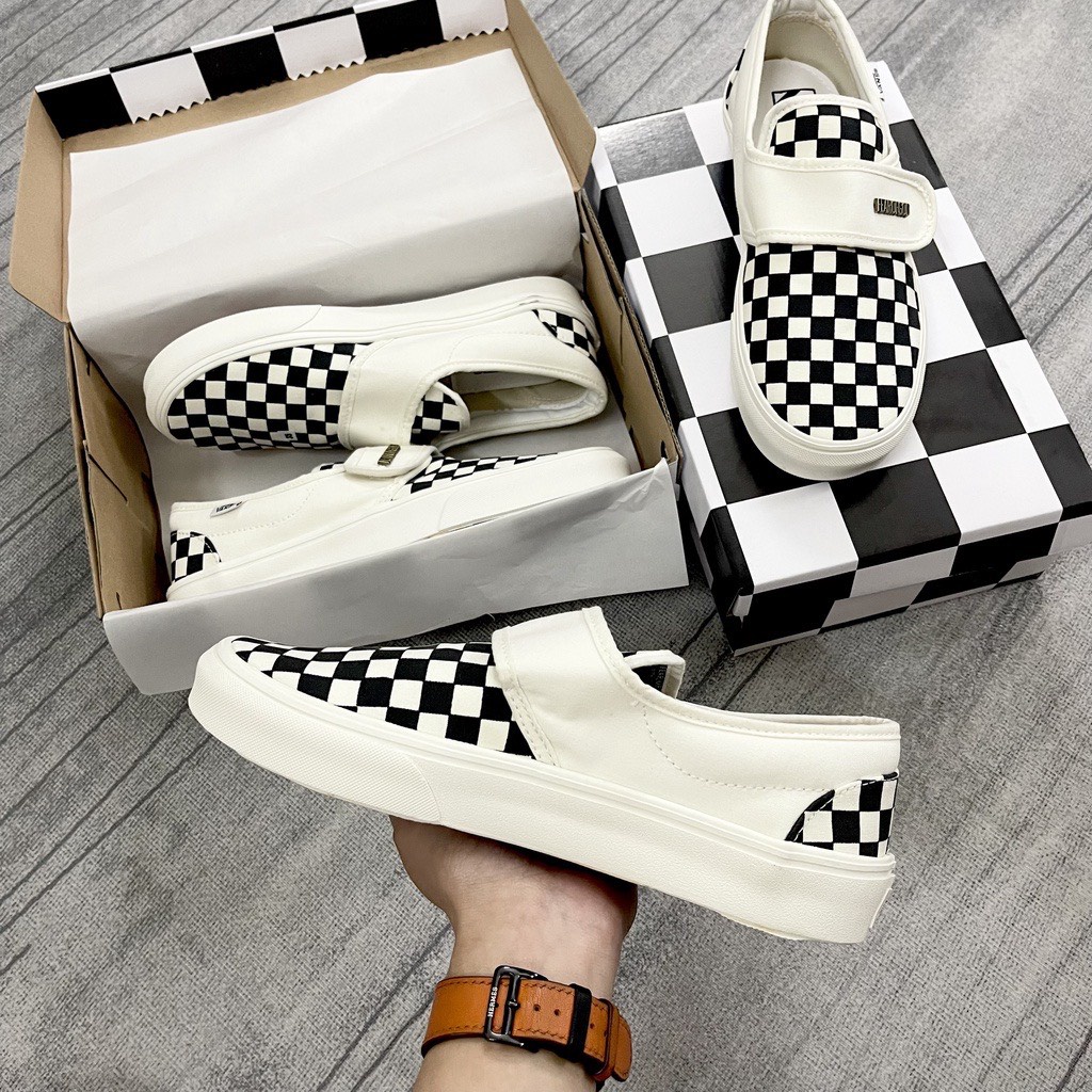 Giày thể thao vanz, van caro dây, giày vans dán caro  lười đen trắng nam nữ