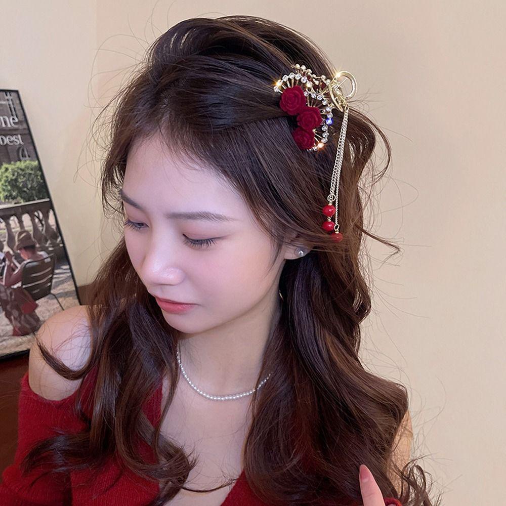 LOMBARD Kẹp Tóc Đuôi Ngựa Đính Hạt Và Tua Rua Phong Cách Hàn Quốc Ngọt Ngào Cho Nữ