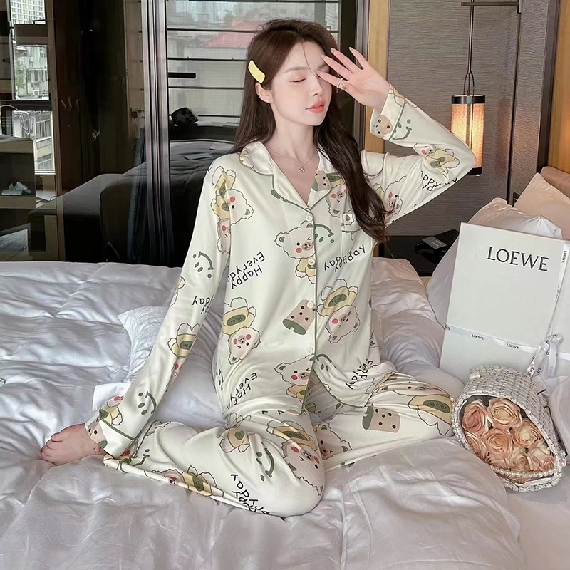 IELGY   Bộ Đồ Ngủ Hai Mảnh Tay Dài Cổ Bẻ Ngọt Ngào Dễ Thương Cho Bạn Gái