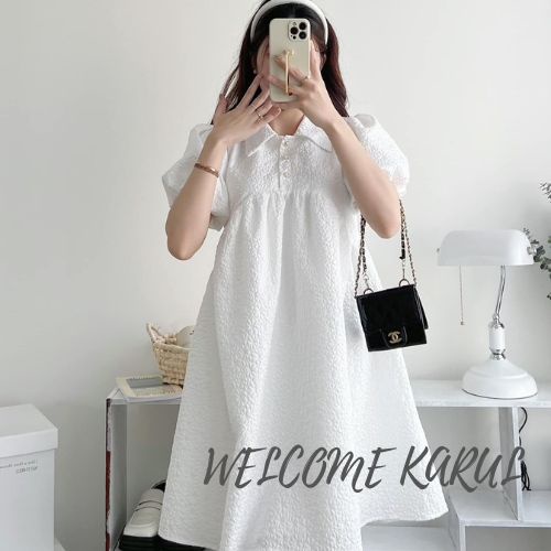 Váy babydoll tay bồng cúc ngọc cổ sơ mi dáng xòe chất xốp 2 lớp siêu xinh