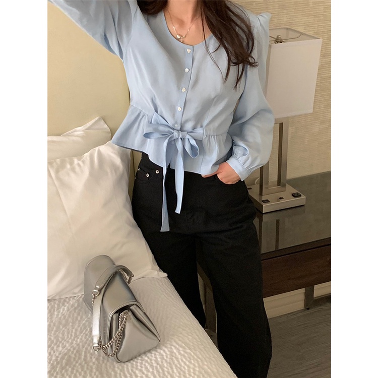 Áo Sơ Mi Nữ Tay Dài Cổ Tròn Buộc Dây Thời Trang