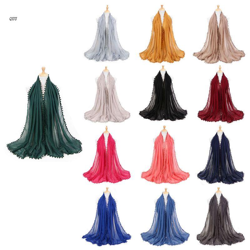 Khăn Choàng Cổ Bằng Cotton Lanh Màu Trơn Tua Rua Và Bóng Lông Cỡ Lớn 180x80cm Cho Nữ