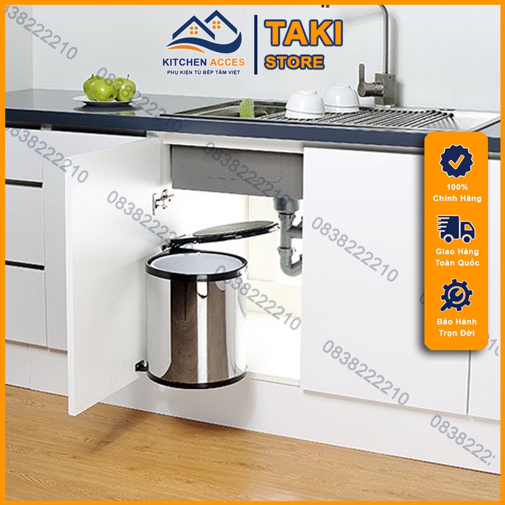 Thùng Rác Tròn Gắn Cánh Tủ Bếp Bọc INOX304 - Chính Hãng