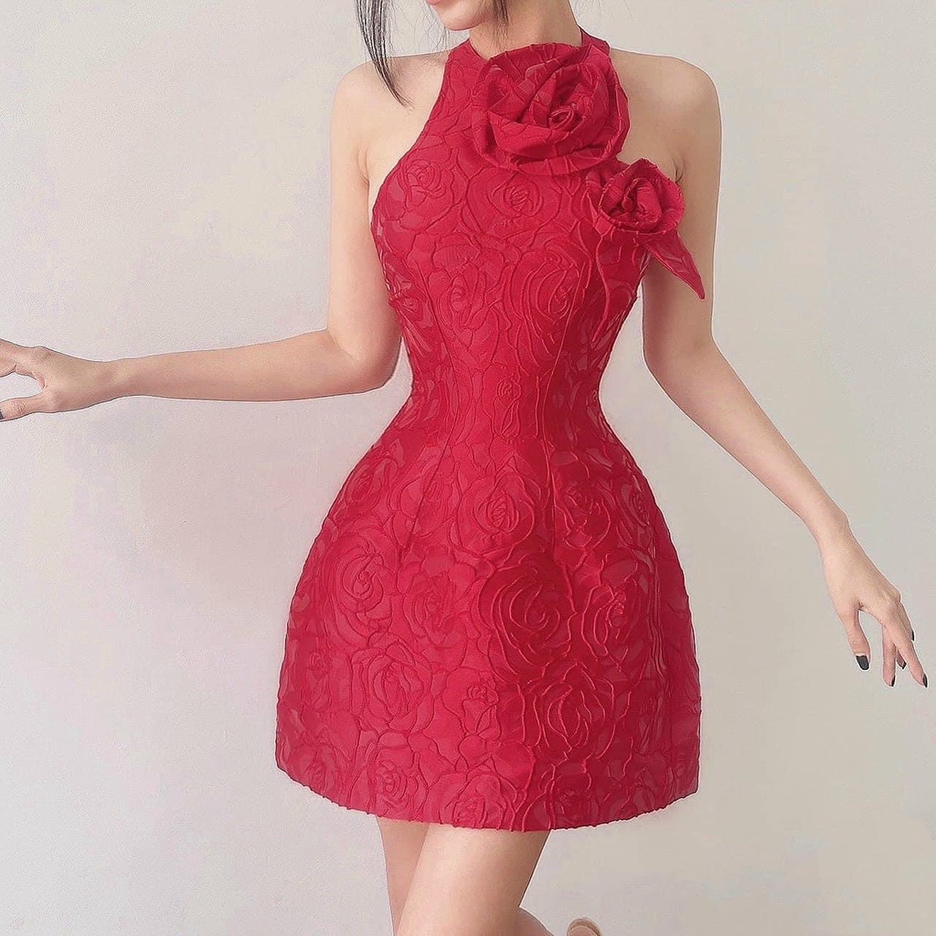 [3.3 Sales Freeship] Đầm nữ thiết kế đi tiệc, đầm gấm sát nách đính hoa hở lưng dáng chữ A màu đỏ vàng sang trọng dx