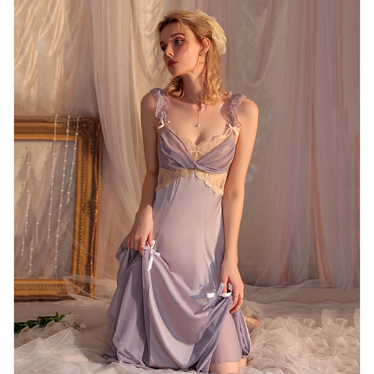 Váy Ngủ Lụa Phối Voan Màu Tím Dáng Dài Nhẹ Nhàng Quyến Rũ Phong Cách Tiểu Thư