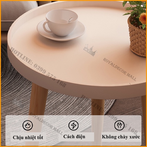 Bàn trà sofa tròn nhỏ decor ROYALDECORHN chân gỗ sồi tự nhiên, mặt bàn nhựa - Nội Thất Đẹp