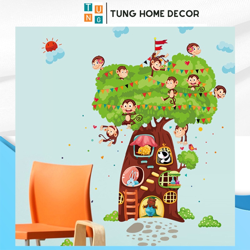 Decal dán tường cho bé Nhà trên cây của Khỉ con khổ lớn 2009AB- Hình dán động vật tiếng anh cho bé học
