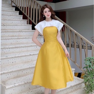 Váy tafta phối cổ trắng đầm nữ dạ hội thiết kế cao cấp