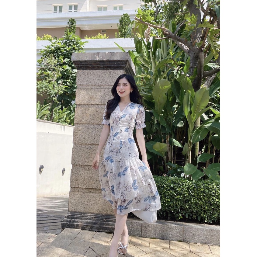 Đầm Maxi Hoa Trắng Xanh Tay Bồng Mặc Đi Biển Đi Chơi