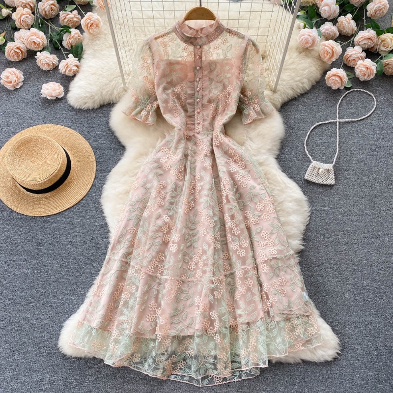 Đầm Dự Tiệc Tay Ngắn Cổ Đứng Phối Ren Lưới Thêu Họa Tiết Tinh Tế Thời Trang Mùa Hè 2023 Cho Nữ