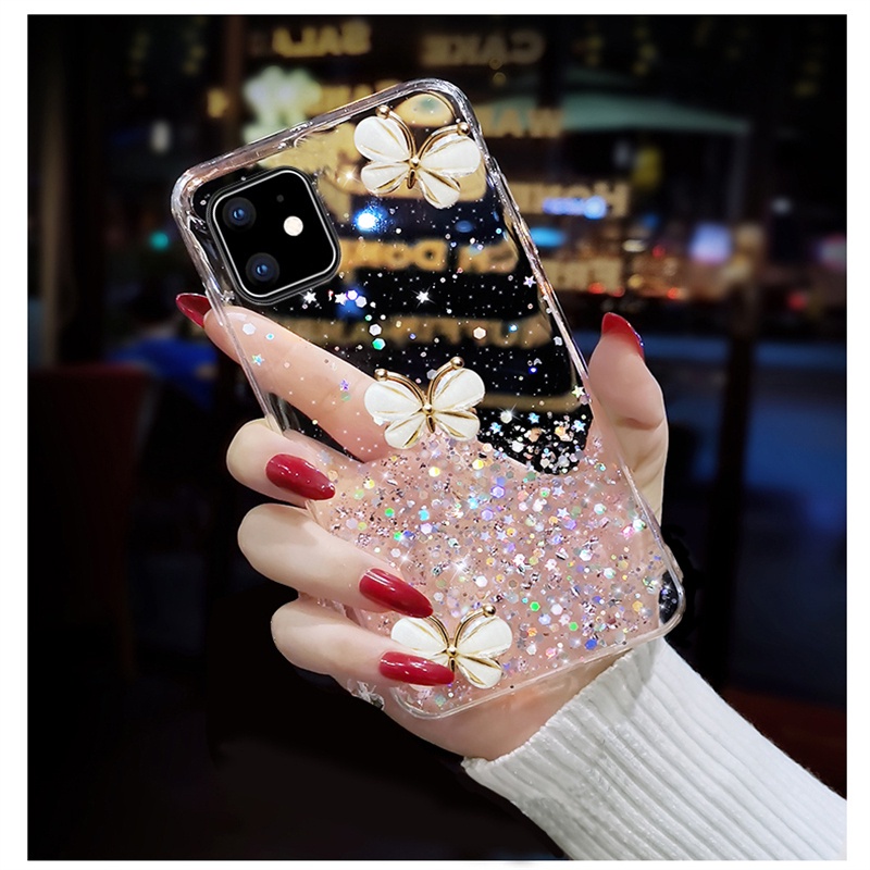 Ốp Điện Thoại Dẻo Trong Suốt Họa Tiết Bươm Bướm Lấp Lánh Kèm Giá Đỡ Nhẫn Cho iPhone 14 13 12 11 Pro Max / Pro 14 Plus 13 12