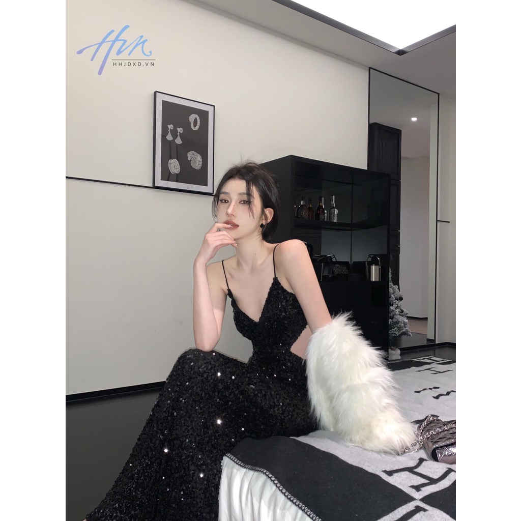 Hhjdxd Đầm Hai Dây Dáng Dài Đính Kim Sa Màu Đen Thời Trang Mùa Xuân Quyến Rũ Cho Nữ