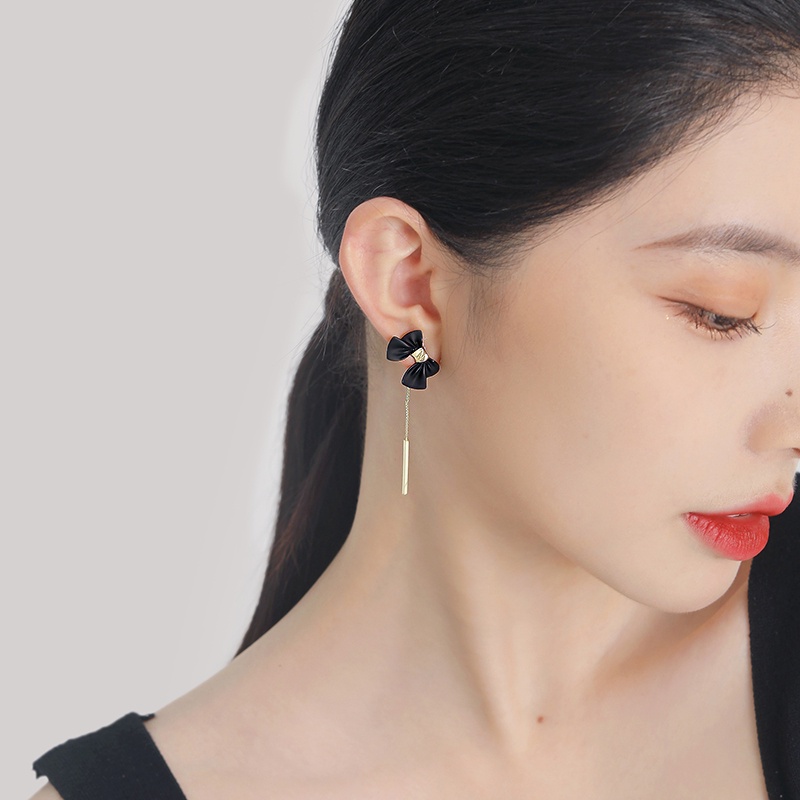 Bông Tai Mạ Bạc 925 Dáng Dài Đính Nơ Tua Rua Màu Đen Phong Cách Hàn Quốc Thời Trang 2023 Cho Nữ