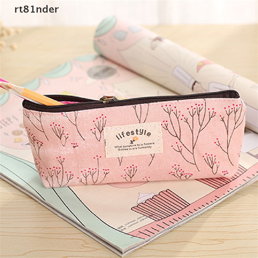 Rt Túi Đựng Bút Bằng Vải Canvas Họa Tiết Hoa Đáng Yêu Có Khóa Kéo